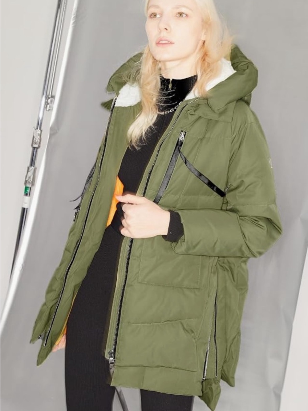 Women's Olive Green Hooded Sherpa-Trim Puffer Jacket